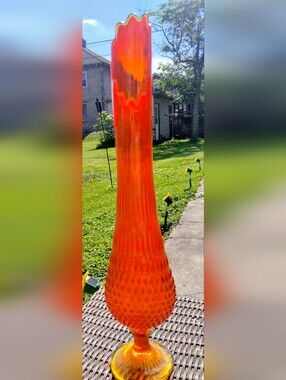 FENTON Orange and yellow Amberina Hobnail stretch swung vase 22 " VINTAGE